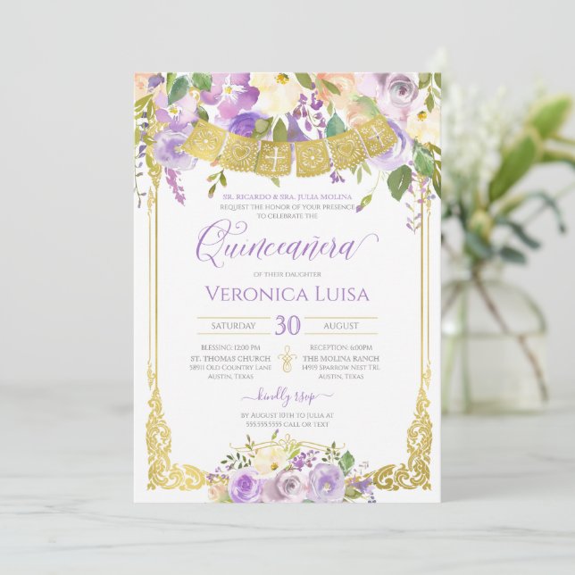 Lavender Purple Watercolor Floral Gold Quinceanera Invitation (Standing Front)