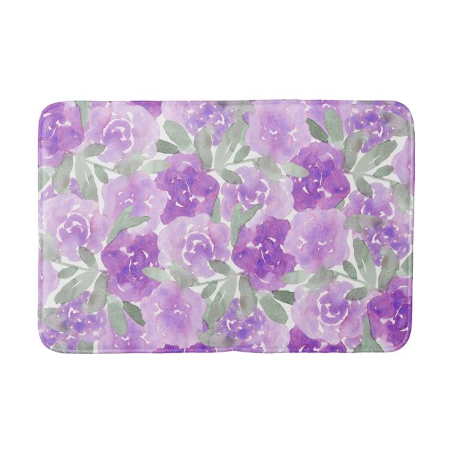 Lavender Purple Watercolor Flowers Bath Mat (Front)