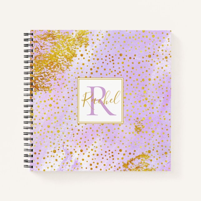 Lavender purple watercolor, gold confetti monogram notebook (Front)