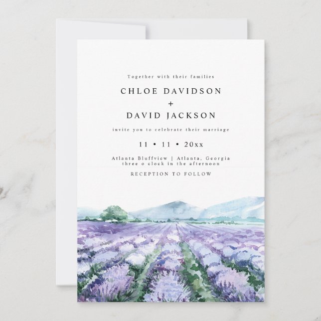 Lavender Purple Watercolor Greenery Rustic Wedding Invitation (Front)