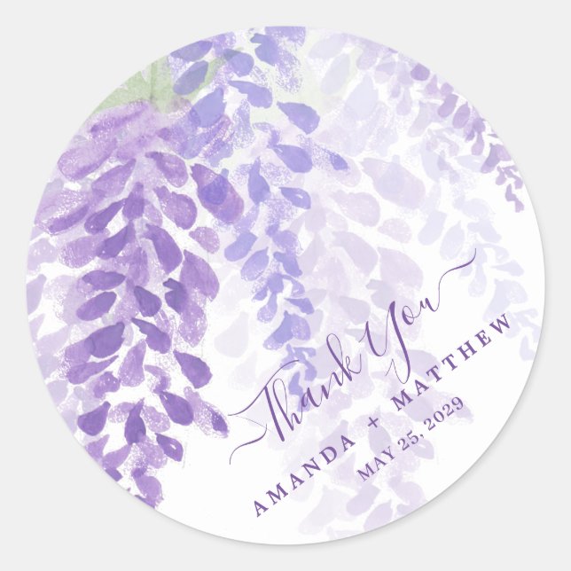 Lavender Purple Watercolor Wisteria Blooms Wedding Classic Round Sticker (Front)
