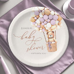 Lavender Purple We Can Bearly Wait! Baby Shower Paper Plate<br><div class="desc">We Can Bearly Wait! :) This little bear is waiting for the big baby party, sitting in a hot air balloon built out of lavender, brown and cream balloons. Whimsical watercolors and modern typography complement the design. Personalise this cute Bear Baby Shower item with your baby shower details easily and...</div>