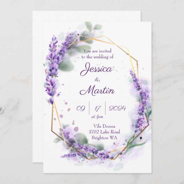 Lavender purple wedding invitation  (Front/Back)