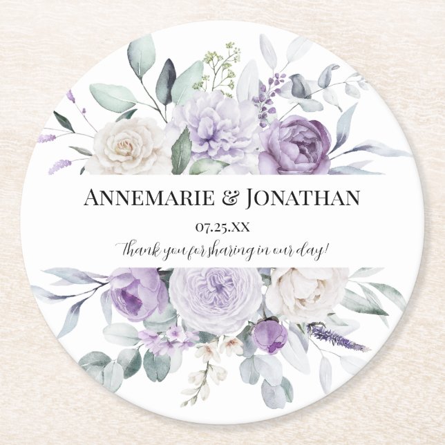 Lavender Purple White Rustic Floral Frame Round Paper Coaster (Front)