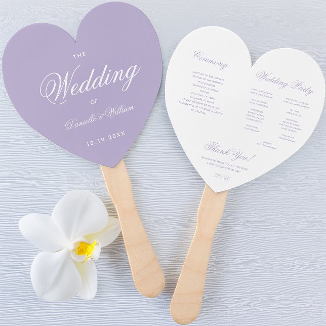 Lavender Purple White Script Heart Wedding Program Hand Fan (Creator Uploaded)