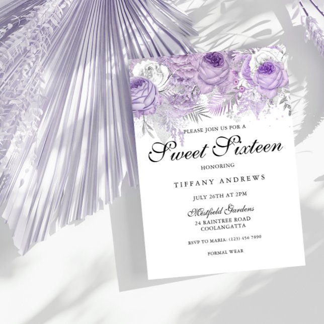 Lavender Purple White Silver Flowers Sweet 16 Invitation (Creator Uploaded)