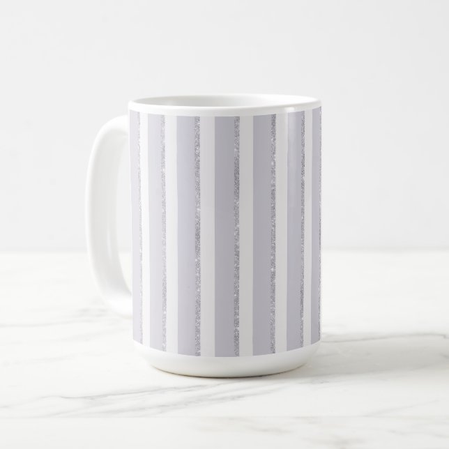 Lavender Purple White Sparkle Glitter Stripes Coffee Mug (Front Left)