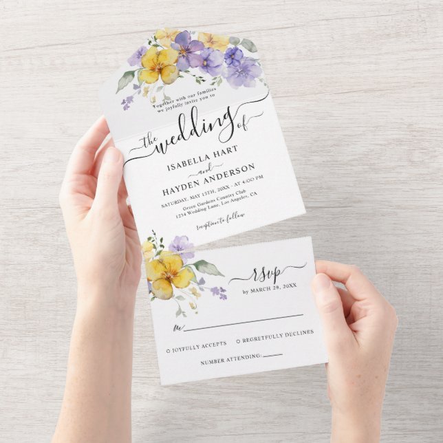 Lavender Purple Yellow Floral Golden Wedding RSVP All In One Invitation (Tearaway)
