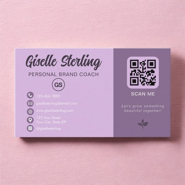 Lavender QR Code Monogram Social Media  Business Card (Creator Uploaded)