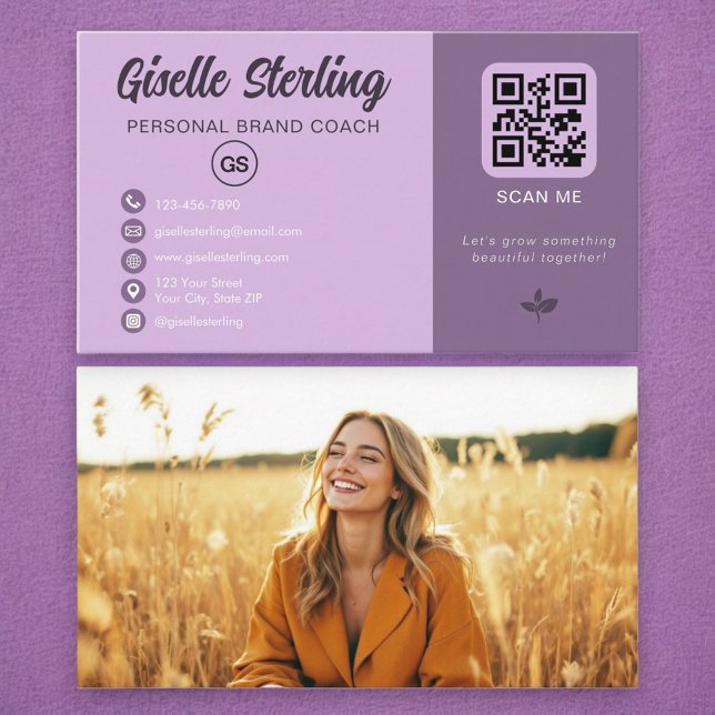 Lavender QR Code Photo Monogram Social Media  Business Card (Creator Uploaded)