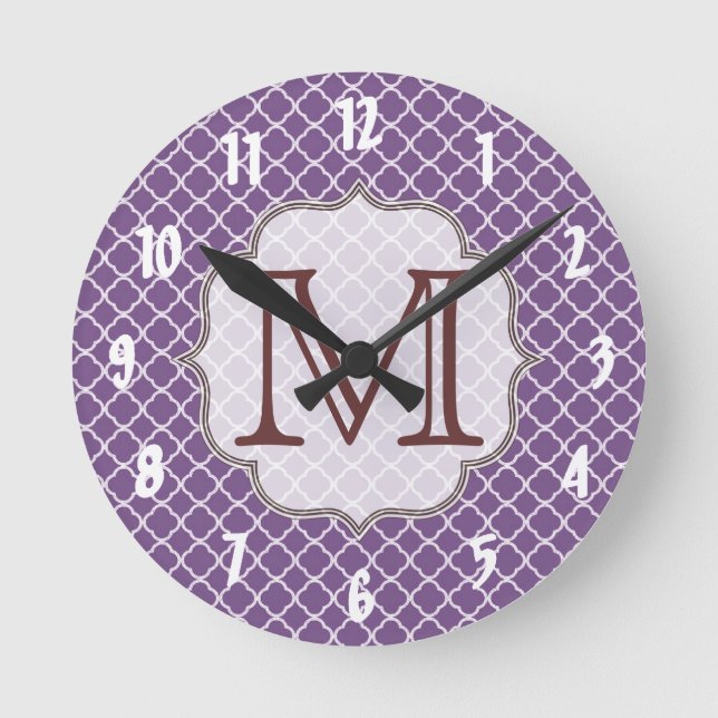 Lavender Quarterfoil Latti Monogram Wall Clock (Front)