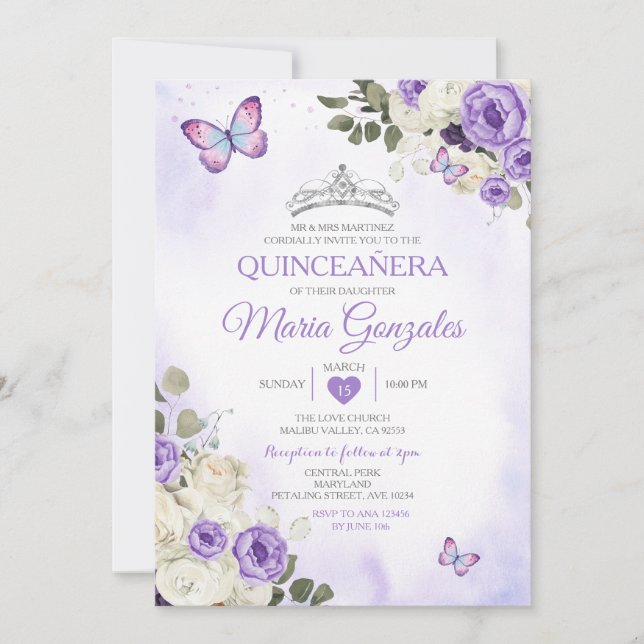 Lavender Quinceañera Crown 15 Anos Butterfly Invitation (Front)