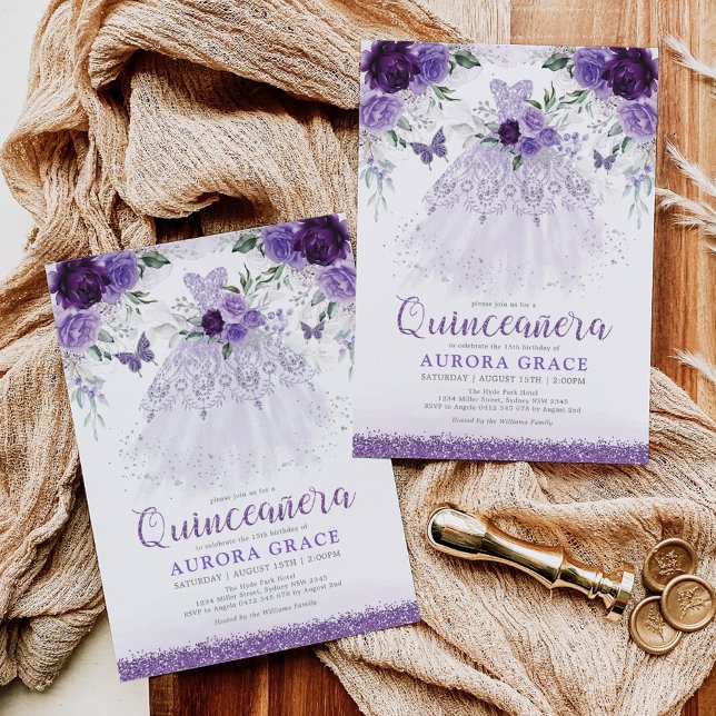 Lavender Quinceañera Princess Dress Butterflies Invitation (Creator Uploaded)