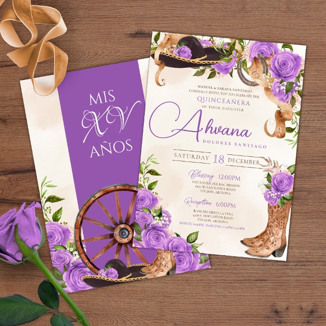 Lavender Quinceanera Purple Rose Charro Western Invitation (Creator Uploaded)