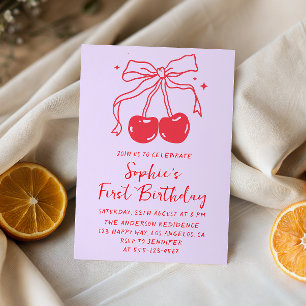 Lavender & Red Bow Cherry Fruit 1st Birthday Party Invitation