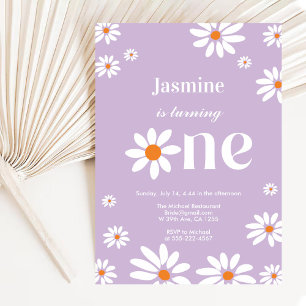 Lavender Retro Groovy Daisy Florals 1st Birthday Invitation