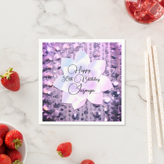 Lavender Rhinestones Personalised Birthday Napkin (Insitu)
