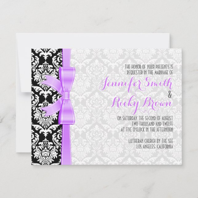 Lavender Ribbon Black And White Damasks Wedding Invitation (Front)
