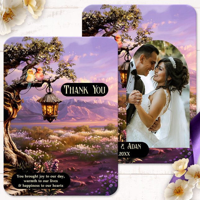 Lavender Romantic Art Photo Wedding Thank You Card (Wedding  photo Thank You card featuring a lavender landscape at sunset with lantern and love birds)