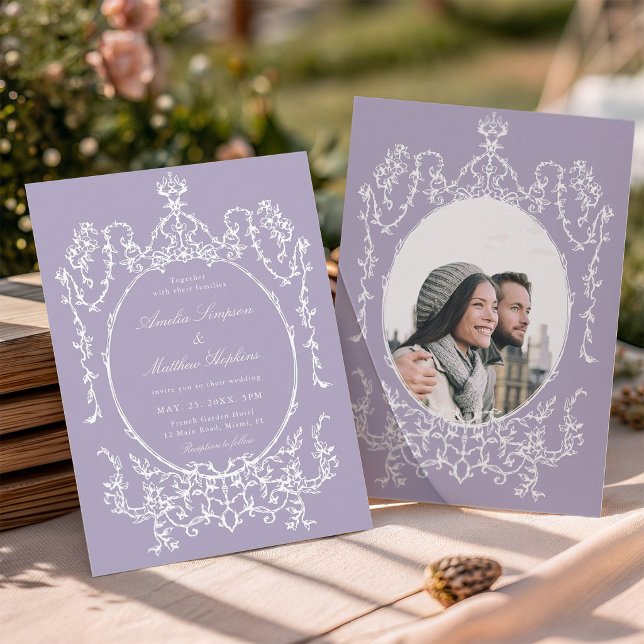 Lavender Romantic French Frame Wedding Photo Invitation (Front & Back)