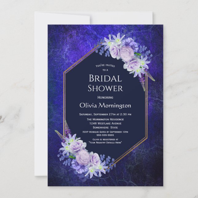 Lavender Rose Floral Blue Geometric Bridal Shower Invitation (Front)