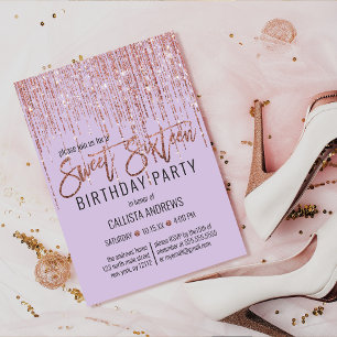 Lavender Rose Gold Glitter Fringe Curtain Sweet 16 Invitation