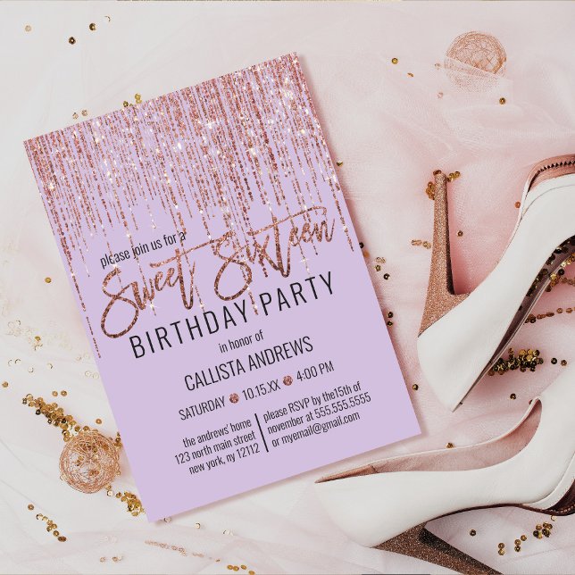 Lavender Rose Gold Glitter Fringe Curtain Sweet 16 Invitation (Creator Uploaded)
