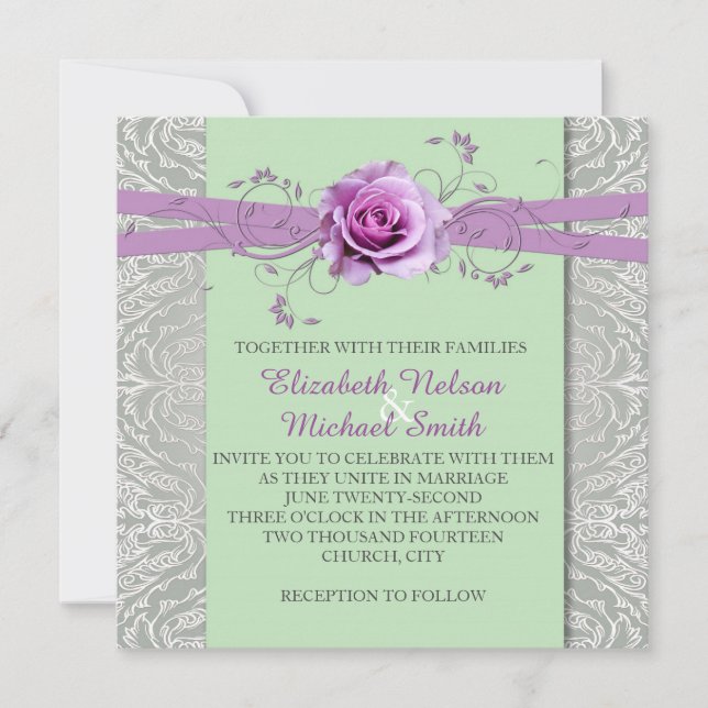 Lavender Rose Green Silver Damask Wedding Invite (Front)