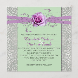 Lavender Rose Green Silver Damask Wedding Invite