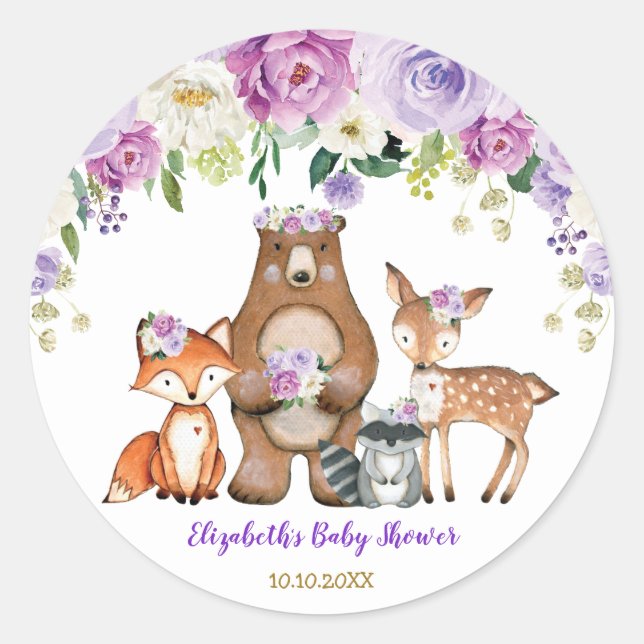 Lavender Rose Peony Woodland Baby Shower Birthday Classic Round Sticker (Front)