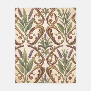 Lavender Rosemary Gold Scroll Pattern Fleece Blanket