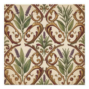 Lavender Rosemary Gold Scroll Pattern Poster