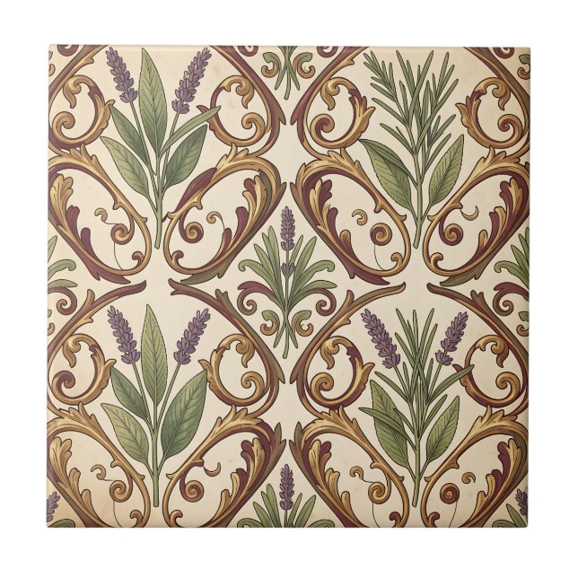Lavender Rosemary Gold Scroll Pattern  Tile (Front)
