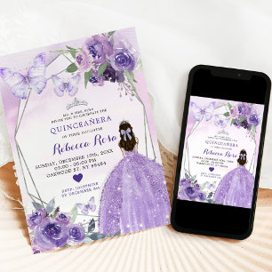 Lavender Roses Princess Quinceañera Butterfly Invitation