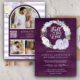 Lavender Roses Pumpkin Photo QR Code Plum Wedding Invitation