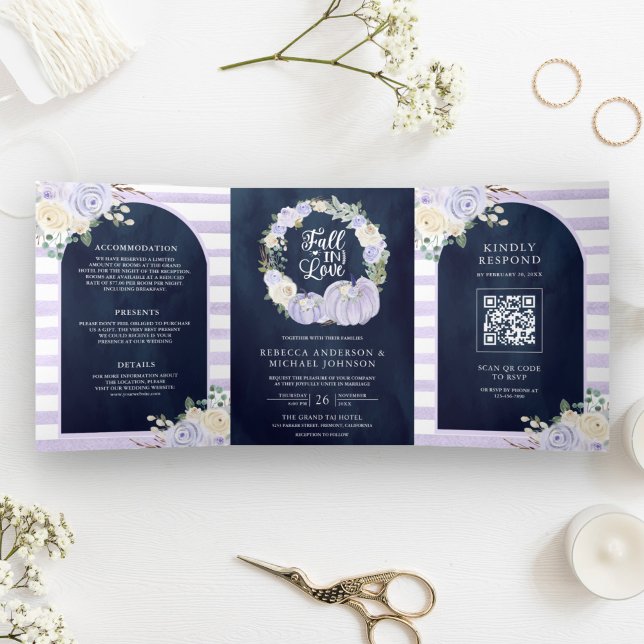 Lavender Roses Pumpkin QR Code Navy Blue Wedding Tri-Fold Invitation (Creator Uploaded)