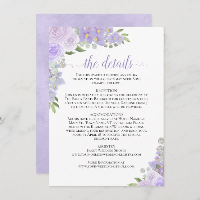 Lavender Roses Rustic Boho Chic Wedding Details Enclosure Card (Front/Back)