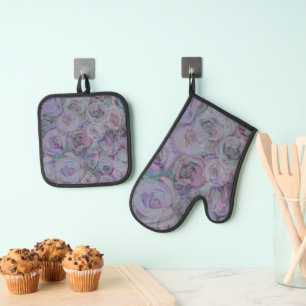 Lavender Roses Watercolor Art Oven Mitt & Pot Holder Set