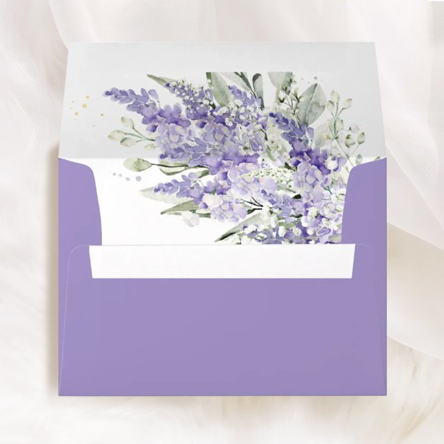 Lavender & Sage Floral Wedding Liner & Addressed Envelope (Lavender floral printed wedding envelope with liner, sage green watercolor, elegant stationery)