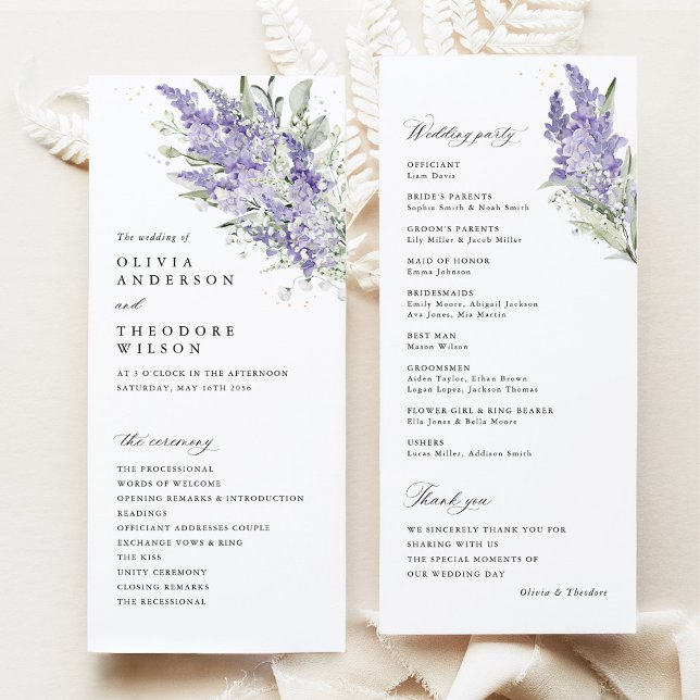Lavender & Sage Green Floral Wedding Ceremony Programme (Lavender sage green floral wedding program cards with ceremony order and wedding party, watercolor)