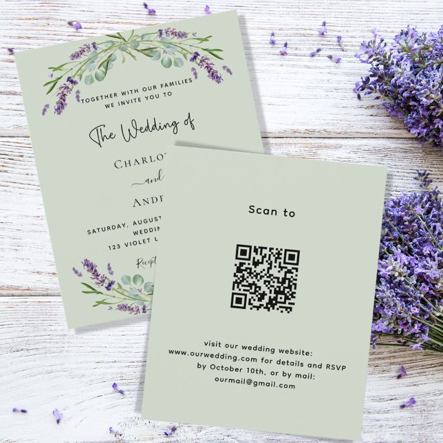 Lavender sage green QR budget wedding invitation (Creator Uploaded)