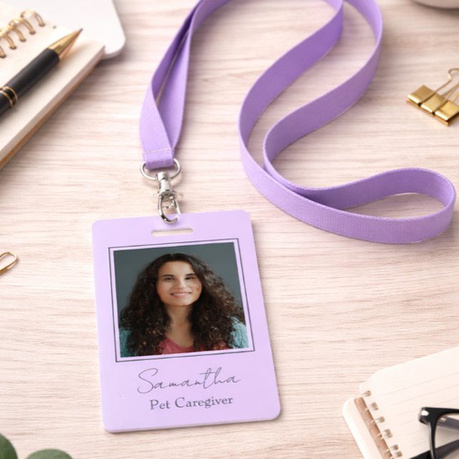 Lavender Script Business Logo Photo Pet Caregiver  ID Badge (Creator Uploaded)