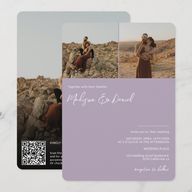 Lavender script names 3 photos  qr code wedding invitation (Front/Back)