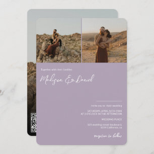 Lavender script names 3 photos  qr code wedding invitation