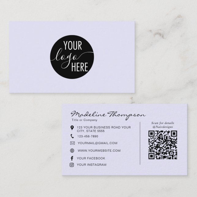 Lavender Script Professional Company Logo QR Code Business Card (Front/Back)