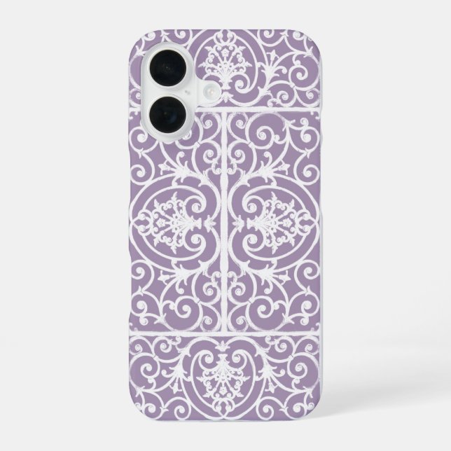 Lavender scrollwork pattern iPhone 16 case (Back)