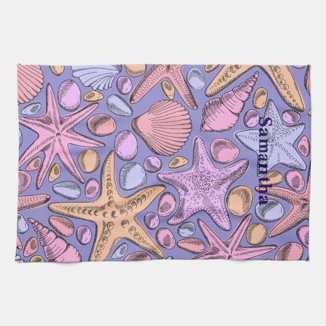 Lavender Seashell Personalized Kitchen Towel (Horizontal)