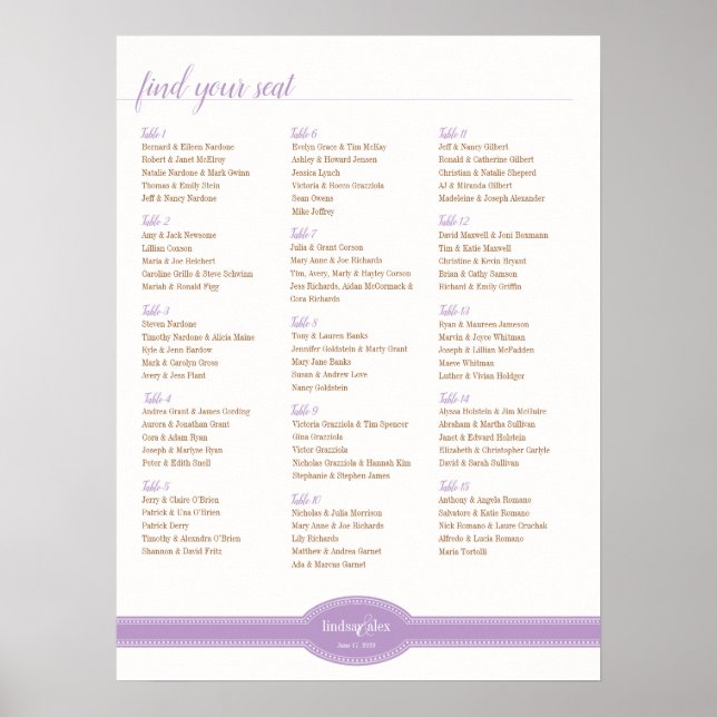 Lavender Seating Chart, Caroline Wedding Poster (Front)