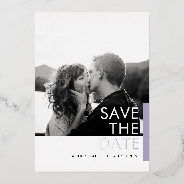 Lavender Shimmer Save the Date foil card (Front)