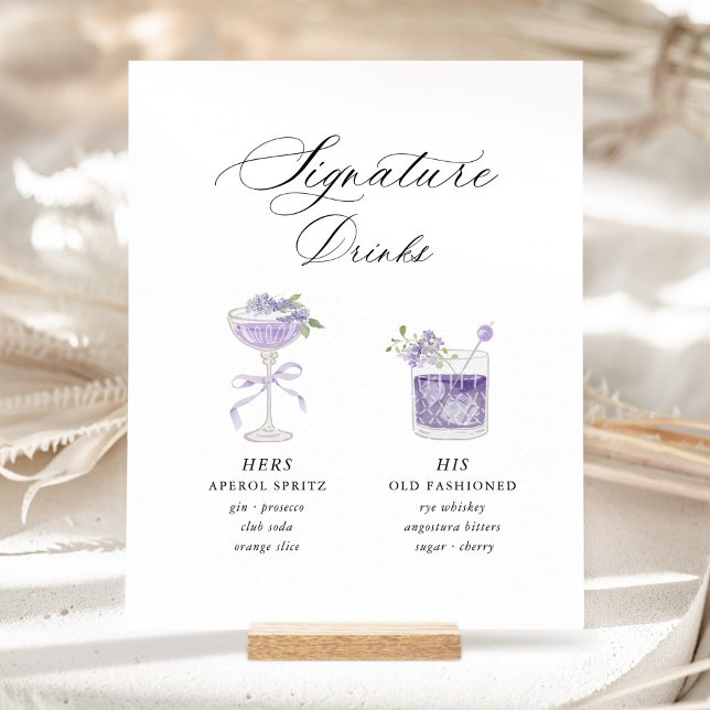 Lavender Signature Drinks Wedding Pedestal Sign (Lavender signature drinks wedding bar sign with watercolor cocktails, romantic hers & his drink menu)